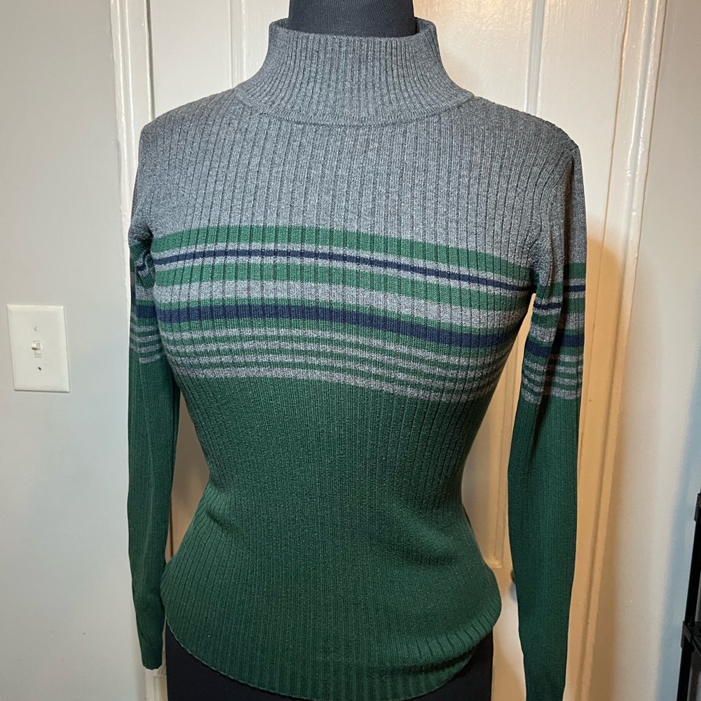 Gray & Green Striped Turtleneck Sweater